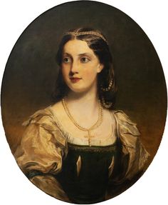 a painting of a woman in a green dress with pearls on her head and shoulders