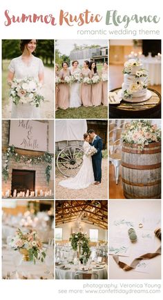 a collage of wedding photos with flowers and greenery on the top, in different colors