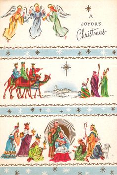 an old fashioned christmas card with angels and nativity