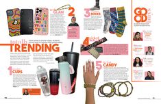 an article in the magazine about trending is shown with many accessories and items to choose from