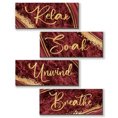 three red and gold business cards with the words relax, soak, unwind, breathe