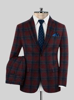 Make a striking appearance in our Loro Piana Edwado Alpaca Wool Suit that boldly presents your personality with a prime focus. Tailored with an alpaca-wool blended fabric, our suit has a soft and comfortable trait with its soft feel on the skin, accompanied by a maroon-shade framework and blue-colored plaid design that will always have the upper hand in your precious wardrobe. So be an unequivocal identity with our suit that always sets you in the spotlight for the day.  Choice of the Elite, Lor Tailored Red Wool Suits, Red Wool Suit For Workwear, Red Wool Suits For Work, Red Wool Suits For Workwear, Red Fitted Wool Suit, Fitted Red Wool Suit, Fitted Wool Suits For Winter, Fitted Wool Suit For Winter, Fitted Wool Suits For Fall