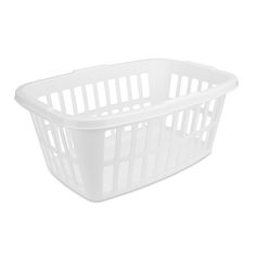 a white plastic laundry basket on a white background