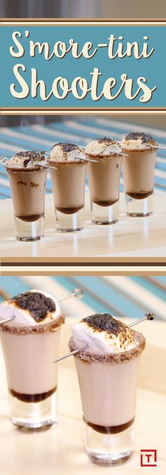 there are four shots in the shot glass with ice cream and chocolate toppings on top