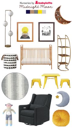 a collage of furniture and decor in yellow, black, grey, and white