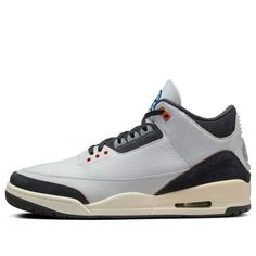 The Air Jordan 3 Retro 'Quai 54' honors a renowned Parisian streetball tournament. This commemorative design features a white leather base with black suede accents replacing the usual elephant print. A sail-colored midsole delivers a vintage aesthetic, while the iconic Jumpman logo adorns the tongue and heel. For comfort, it boasts a cushioned midsole. Off Noir Jordan 3, Jorden 3 Shoes, Jordan 3 Craft Ivory, Jordan 3 Colorways, Cheap Jorden 3s Size 9/2, Jumpman Logo, Air Jordan 3 Retro, Air Jordan 3, Jordan 3