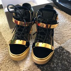 Brand New! Only Wear Twice. Chic Gold Leather Sneakers, Designer Leather Party Sneakers, Black Leather Party Sneakers, Elegant Leather Sneakers For Party, Designer Black Party Sneakers, Luxury Gold Sneakers For Party, Gold Leather Party Sneakers, Designer Round Toe Sneakers For Party, Luxury High-top Sneakers For Party