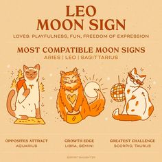 an advertisement for leo moon sign with three cats sitting in front of the caption