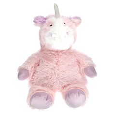 a pink stuffed animal with a unicorn horn on it's head and eyes, sitting against a white background