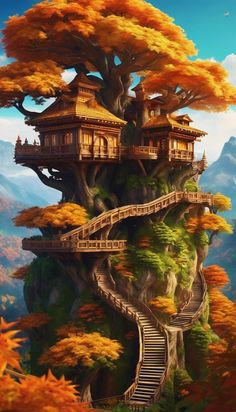 a tree house on top of a hill with stairs leading to it and trees growing out of the cliff