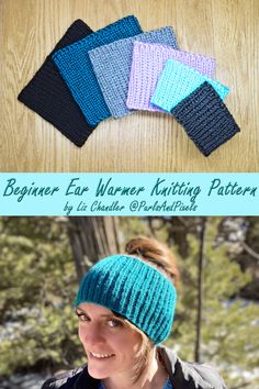 a woman wearing a knitted beanie hat with the words beginner ear warmer knitting pattern