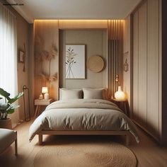 a bed sitting in a bedroom on top of a wooden floor next to a window