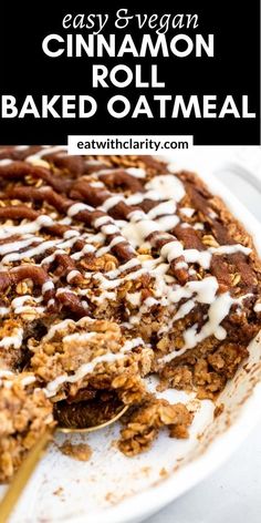 an easy cinnamon roll baked oatmeal on a white plate with a spoon