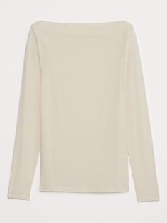 This boat-neck top is made from a luxuriously soft wool-blend jersey, in a weight that's suitable for cooler weather.  Fitted.  Boat neck.  Straight hem.  Fitted.  Long sleeves.  Hip length.  Model: Size S, 5'10" (178cm). Cream Fine Knit Crew Neck Top, Cream Fine Knit Top For Fall, Fine Knit Cream Top For Fall, Classic Fine Knit Fitted Top, Cream Tops For Layering In Fall, Fine Knit Long Sleeve Top With Minimal Stretch, Fine Knit Long Sleeve Mock Neck Top For Layering, Elegant Cream Crew Neck Top, Classic Long Sleeve Tops With Minimal Stretch