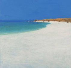 an oil painting of a beach with blue water and white sand on the ocean shore