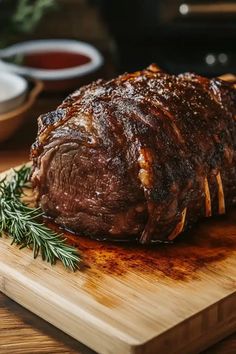 a large piece of meat sitting on top of a wooden cutting board