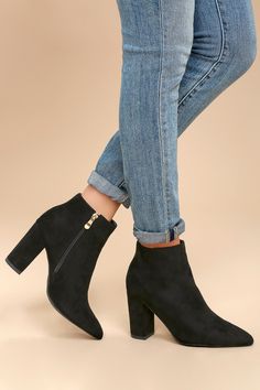 Chic Black Suede Booties - High Heel Booties - Ankle Booties Fall Suede Boots With 4-inch Heel, Suede Boots With Stacked Heel For Party, Party Suede Boots With Stacked Heel, Suede High Ankle Heeled Boots For Party, Suede Block Heel Boots For Party, Party Suede Heeled Boots With Block Heel, Suede Block-heeled Boots For Party, Trendy High Ankle Suede Heels, Suede Boots With 4-inch Heel Pointed Toe