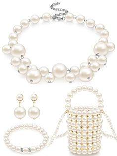 PRICES MAY VARY. Party Jewelry Set Designed for Elegance: we provide you 1 piece of pearl beaded purse, 1 piece of glitter pearl earrings, 1 piece of pearl bangle and 1 pair of pearl necklace, an exquisite combination can meet your wedding party dress needs, or you can share them with your partners Pearl Beaded Purse: the pearl handbag is white, and it's made of quality acrylic beads with glitter pearl on the outside, and the inner material is soft and smooth, won't scratch the inner items; You Pearl Chain Party Jewelry, Costume Pearl Jewelry For Party, Costume Jewelry Pearl Chain For Party, Party Pearl Jewelry Sets In Silver, Party Pearl Silver Jewelry Sets, Party Silver Pearl Jewelry Sets, Silver Pearl Jewelry Sets For Party, Beaded Jewelry Sets For Parties, Party Pearl Beaded Jewelry