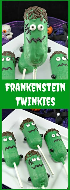 some green cake pops with faces on them and the words, frankenstein twinkies