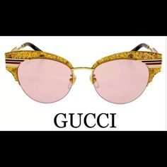 100% Authentic Gucci Sylvie Gold Havana Brown Glitter Stripe Cat Eye Sunglasses From Sensual Romanticism Collection. Vintage Web Concept With New Oversized Proportions For Timeless Elegance. Sparkling Glitter Embellishes The Acetate Brows For A Feminine Iconic Look Cat Eye Sunglasses By Gucci Glitter Embellished Acetate Front With Sleek Metal Arms Fitted With Pink Lens Offering 100% Uva/B Protection Category 1 Filter Made In Japan Gg0283s Color 005 Size 53-18-145 Accompanied With Original Velvet Luxury Gold Cat Eye Sunglasses For Party, Elegant Pink Cat Eye Sunglasses With Mirrored Lenses, Pink Mirrored Sunglasses For Evening, Glamorous Pink Tinted Sunglasses, Chic Pink Gucci Sunglasses, Designer Pink Sunglasses For Evening, Elegant Pink Sunglasses For Party, Gucci Luxury Pink Sunglasses, Elegant Pink Party Sunglasses