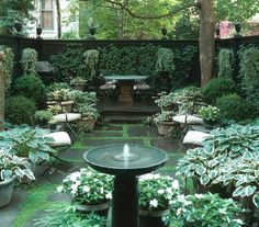 an outdoor garden with potted plants and tables in the center, surrounded by greenery