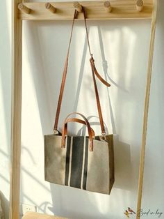 BirdinBag - Striped Canvas Clear Double Handle Bag - Medium Square Size Square Box Bag With Leather Handles For Errands, Brown Canvas Crossbody Bag With Top Handle, Brown Rectangular Canvas Bag With Top Carry Handle, Rectangular Bucket Bag With Leather Handles For Errands, Brown Top Handle Canvas Bag With Adjustable Strap, Rectangular Canvas Bucket Bag With Handles, Canvas Top Handle Box Bag, Canvas Top Handle Box Bag For Shopping, Rectangular Canvas Shopping Bag With Handles