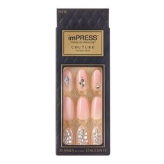 imPRESS Press-on Manicure Couture Collection features the ultra-fit nails you love, enhanced with the trendiest, high-end designs around. Bigger and bolder stones accentuate these one-step gel nails. Created with innovative technology, the stones, and 3D accents stay smoothly and firmly in place for long-lasting wear. No glue was needed. Just press on & go! Color: Multicolor. Kiss Press On Nails Glitter, Kiss Press On Nails, Impress Nails, Kiss Nails, Oil Shop, Hair Shop, Nails At Home, Nail Kit, Couture Collection