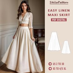 a woman in a white dress and skirt with the text easy linen midi skirt pdp digital