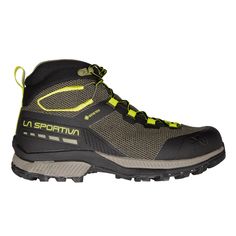 a pair of black and yellow hiking shoes