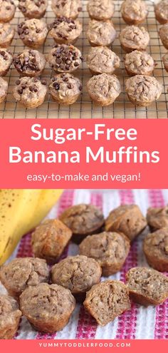 banana muffins on a cooling rack with the words, sugar - free banana muffins easy to make and vegan