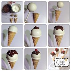 there are many different ice cream cones with chocolate toppings on them and in the middle