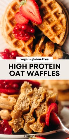 two waffles with strawberries on top and the words high protein oat waffles