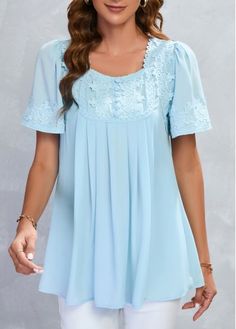 Color:Light Blue;Size:S;Size:M;Package Contents:1 X Blouse;Occasion:Other;Style:Casual; Light Blue Blouse Outfit, Blue Blouse Outfit, Square Neck Blouse, Unisex Looks, Light Blue Blouse, Blouse Designs Catalogue, Flowy Design, Trendy Tops For Women, Tunic Tops Casual