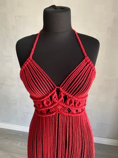 Bohemian Party Dress With Crochet Details, Handmade Crochet Dress For Summer Parties, Red Crochet Dress For Summer Beach, Hippie Festival Crochet Dress, Bohemian Halter Neck Crochet Dress For Beach, Red Summer Maxi Dress For Festivals, Handmade Hippie Dress For Beach Party, Handmade Hippie Dresses For Beach Party, Hippie Handmade Dresses For Beach Party