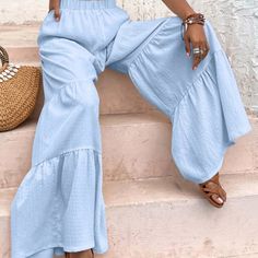 Baby Blue Ruffle Hem Wide Leg Pants 100% Polyester Playful Light Blue Bottoms At Cheap Price, Baby Blue Outfits For Women, Baby Blue Outfit, American Eagle Leggings, White Slacks, Sets Outfit, Lulu Shorts, Concert Fit, Hotty Toddy