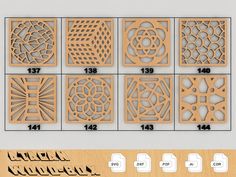 laser cutout patterns are shown in the shape of squares and rectangles, with numbers