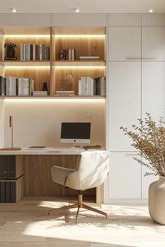 a white desk with a computer on it in front of bookshelves and shelves