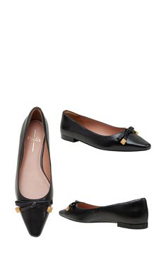 A hardware-tipped bow and slender toe add visual intrigue to a rich leather flat grounded by a cushioned footbed and slip-resistant rubber sole. Cushioned footbed Slip-resistant sole Leather upper/synthetic lining/rubber sole Imported Elegant Ballet Flats With Cushioned Footbed For Work, Formal Ballet Flats With Leather Footbed, Leather Flats With Bow For Work, Leather Bow Flats For Work, Leather Bow Flats For Office, Calf Leather Flats With Bow, Pointed Toe Flats, Nordstrom Store, Leather Flats