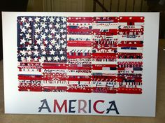 an american flag made out of strips of red, white and blue paper with the words america written on it