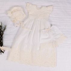 Ingrid Blessing Gown, Bloomer & Bonnet Set – Baby Beau and Belle Elegant Spring Baptism Dress With Broderie Anglaise, Elegant Broderie Anglaise Baptism Dress For Spring, Spring Baptism Gown With Ruffles, White First Communion Gown For Spring, Fitted Broderie Anglaise Baptism Dress For Spring, White Gown For First Communion In Spring, Cotton Broderie Anglaise Dress For First Communion, Cotton Dress With Broderie Anglaise For First Communion, White Ruffled Gown For Garden Party