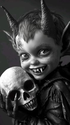 a little boy dressed as a demon with horns and skull on his shoulder, holding a human skull