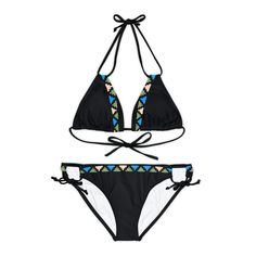 Dive into the summer season in style with our black lace-up bikini! Combining elegance with a touch of playfulness, this bikini is the perfect companion for days at the beach or by the pool. Characteristics: - Material: Made from 82% microfiber polyester and 18% elastane, this bikini is comfortable to wear and has an optimal fit. - Mid-weight fabric: Weighing 7.5 ounces per square yard (250 gsm), this bikini offers a balanced mix of comfort and durability. - Two-piece swimsuit set: Consisting of Black Triangle Swimwear For Poolside, Black Triangle Swimwear For Pool, Triangle Swimwear For Beach Season And Pool, Triangle Beachwear Swimwear For Vacation, Triangle Swimwear For Beach Season, Triangle Swimwear For Poolside And Beach Season, Black Tie-side Bottom Swimwear For Beach, Black Tie-side Swimwear For Beach, Black Adjustable Swimwear For Poolside