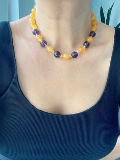 Unique Big Bold Yellow and Purple Choker Necklace, Chunky Gemstone Beaded Jewelry for Women ☀️Dimension: 42 cm +4 cm extention chain If you do not want an extension chain or need additional extension chain, please inform me. 🌈Materials:Quartz,14k gold plated 🔴 30% Discount for 2 items use the code: 2ITEMS30 🔴 35% Discount for 3 or more items use the code: MOREITEM35 Visit my shop for all designs: https://www.etsy.com/shop/MervuHandmadeJewelry ✈️Trackable Shipping Necklace comes in a jewelry box 💎Made from high-quality materials. This necklace is designed to be suitable for your use for many years to come.  Avoid direct contact with perfume, lotions and chemicals. 🍀Thank you so much your shopping 💜If you have any questions or request you can send me message at any time :) 💙 Please do Adjustable Single Strand Yellow Beaded Necklaces, Adjustable Yellow Single Strand Beaded Necklaces, Adjustable Single Strand Yellow Beaded Necklace, Adjustable Yellow Single Strand Beaded Necklace, Spiritual Yellow Jewelry With Gemstone Beads, Yellow Spiritual Beaded Necklace With Gemstone Beads, Yellow Spiritual Jewelry With Gemstone Beads, Spiritual Yellow Gemstone Beads Jewelry, Yellow Beaded Jewelry For Healing