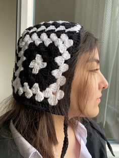 *Crochet granny square black and white, stylish bone.   *Handmade from organic cotton rope, cute, colorful and warm winter hat. * A perfect gift for yourself and your loved ones. * Hand wash in cold water and dry on a flat surface. Bohemian Crochet Hat With Granny Square For Winter, Trendy Black Crochet Hat, Winter Crochet Hat With Granny Square, Casual Winter Crochet Hat With Granny Square, White Hand Knitted Crochet Hat In Bohemian Style, Black Crochet Hats Made Of Acrylic Yarn, Black Crochet Hats In Acrylic Yarn, Trendy White Crochet Hat One Size, Trendy Black Handmade Crochet Hat