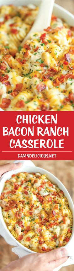 chicken bacon ranch casserole in a white dish