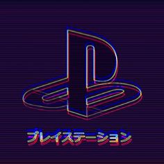 the playstation logo in neon colors on a purple background with blue, red and pink lines