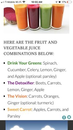 an advertisement for juices and smoothies with the caption'here are the fruit and vegetable juice combinations below