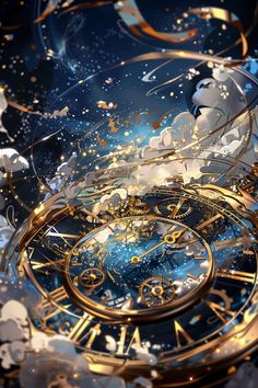 an artistic photo of a clock surrounded by gold and blue swirls with stars in the background