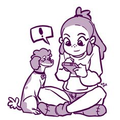 a woman sitting on the ground next to a dog with a cell phone in her hand