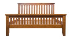 a wooden bed frame with slatted headboard and foot board